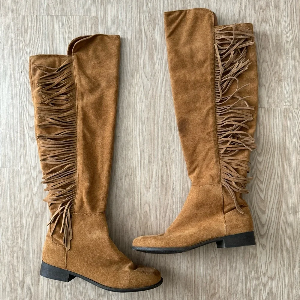 Faux suede knee high fringe boots